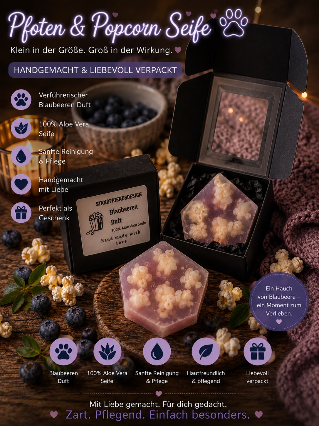 Pfoten und Popcorn Seife Blaubeeren Duft