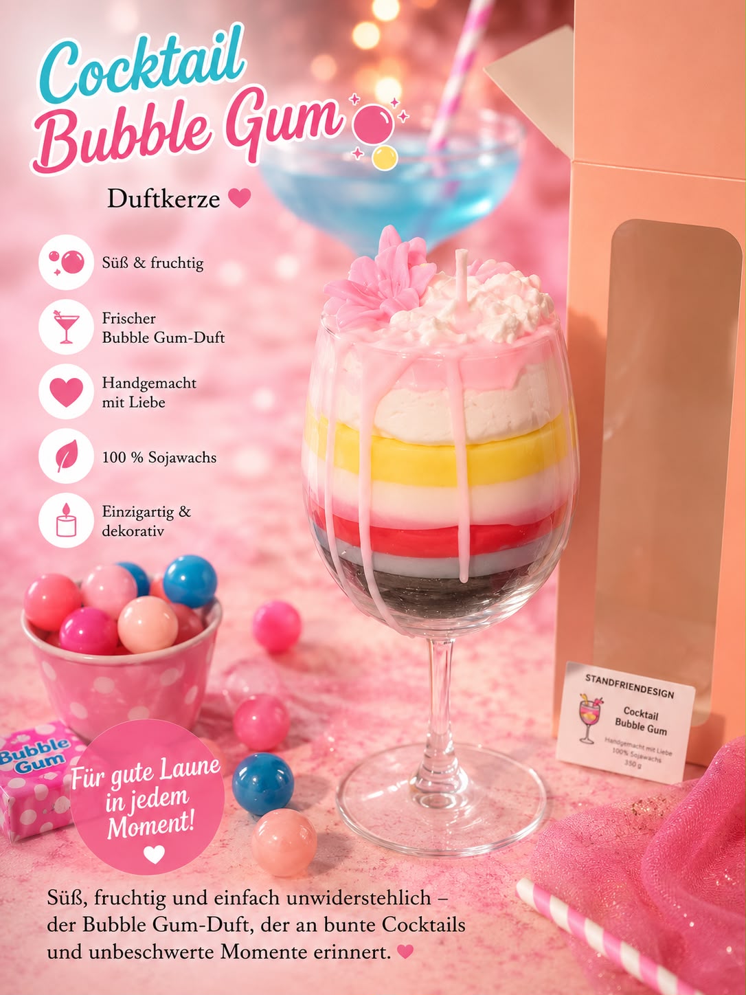 Cocktail Kerzen mit Bubble Gum Duft