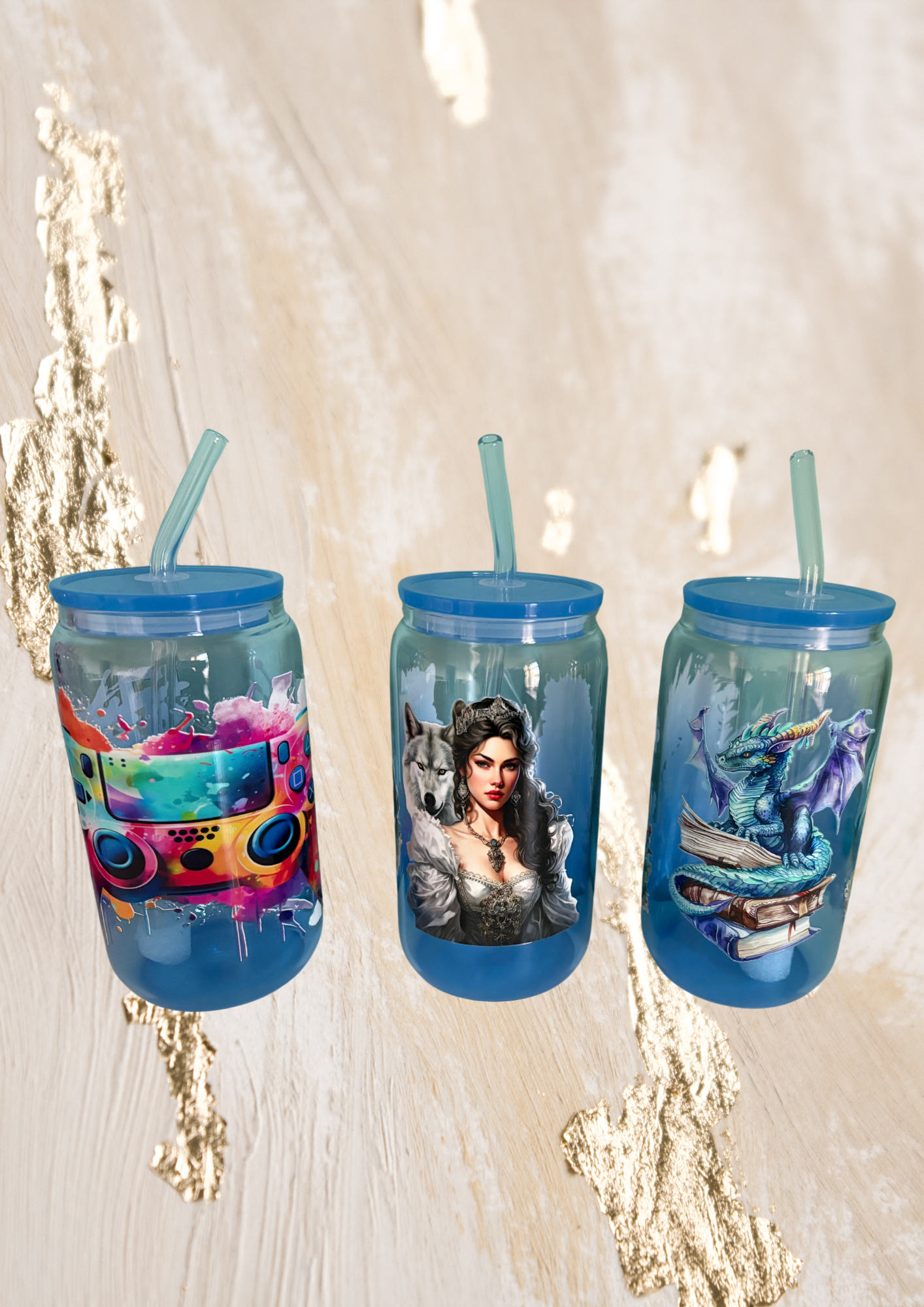 Glasbecher mit Motiven